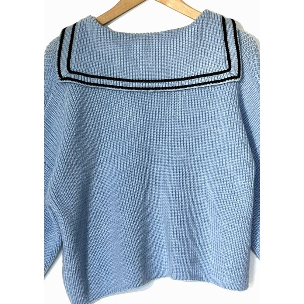 Cinq a Sept Blue Wool blend Cecile Sailor Ribbed Oversize Crop Sweater - Picture 6 of 12